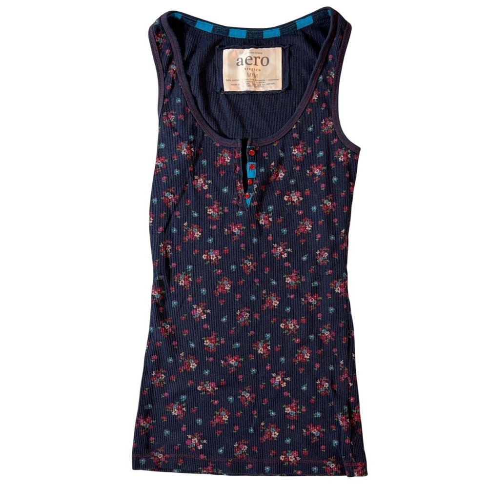Aeropostale Floral Henley Tank Ribbed Waffle Knit Medium Y2K